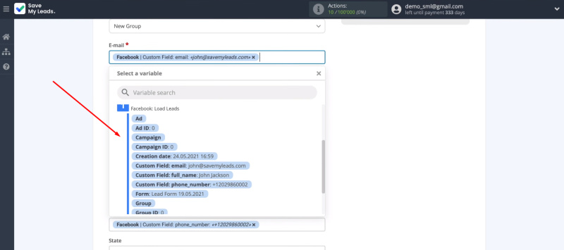 Facebook and MailerLite integration | Define the data for required fields