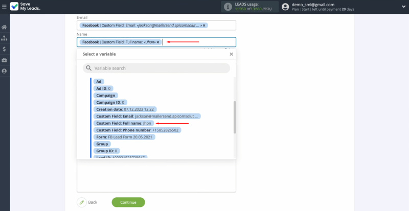 Facebook and MailerSend integration | Assign a variable from Facebook