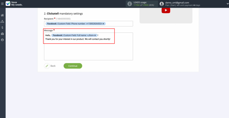 Facebook and Clickatell integration | Enter the text that will be sent to each lead