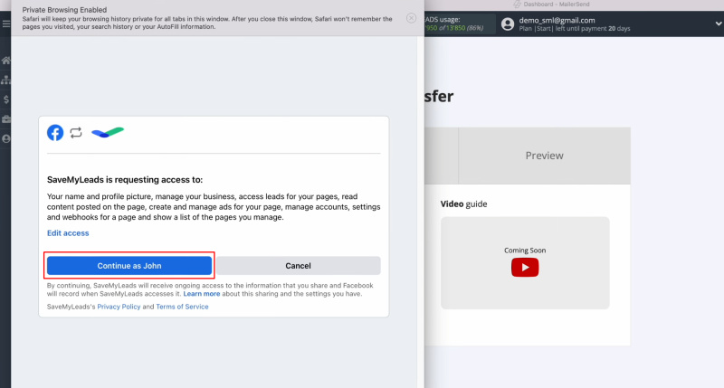 Facebook and MailerSend integration | Click “Continue as…”