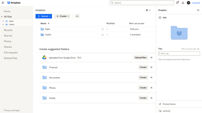 Dropbox storage web interface