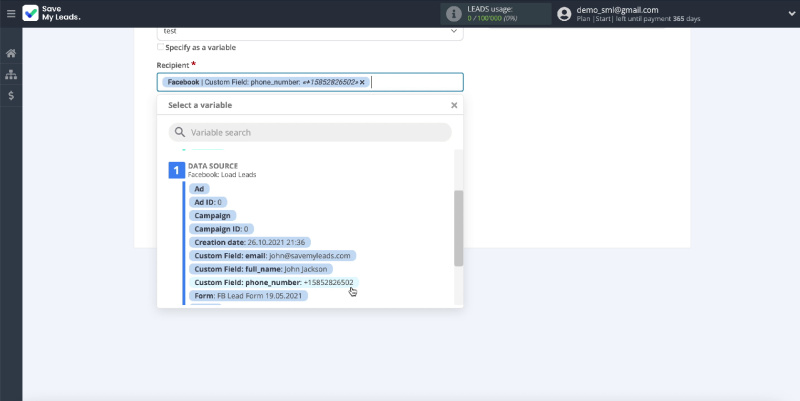 Facebook and The Texting integration | Set the required variable in the Recipient field