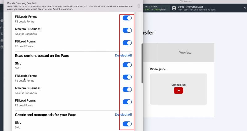 Salesmsg and Facebook integration | All access checkboxes must be left enabled