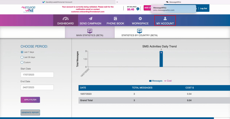 MessageWhiz and Facebook integration | Go to the “My account” section