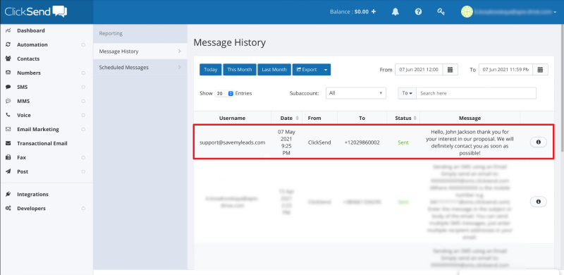 ClickSend and SaveMyLeads integration | Checking the sent message in ClickSend