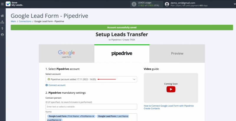 Pipedrive and Google Ads Lead Form integration | Select the connected account
