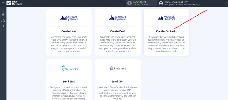 Facebook and Microsoft Dynamics 365 integration | Select the template&nbsp;“Microsoft Dynamics (Create Contacts)”