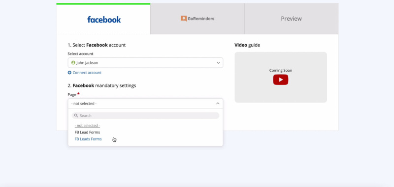 Facebook and GoReminders integration | Select the advertising page