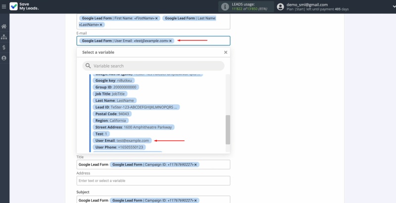 Pipedrive and Google Ads Lead Form integration | Click in the field and select a variable from the dropdown list