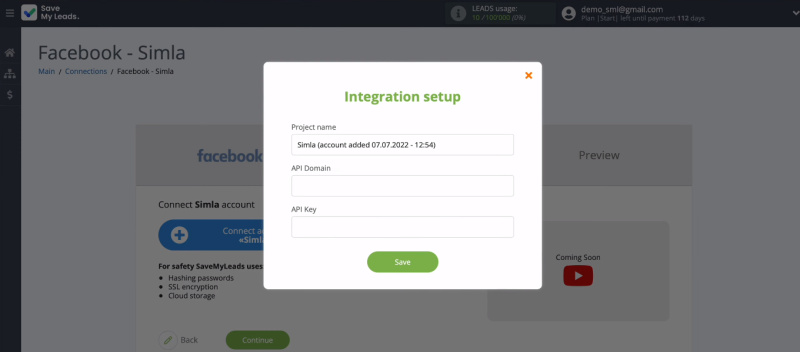 Facebook and Simla integration | “API Domain” and “API Key” fields
