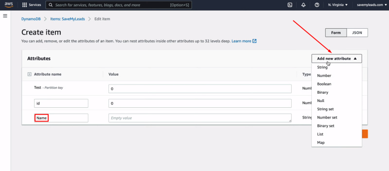Facebook and Amazon DynamoDB integration | Adding the attributes