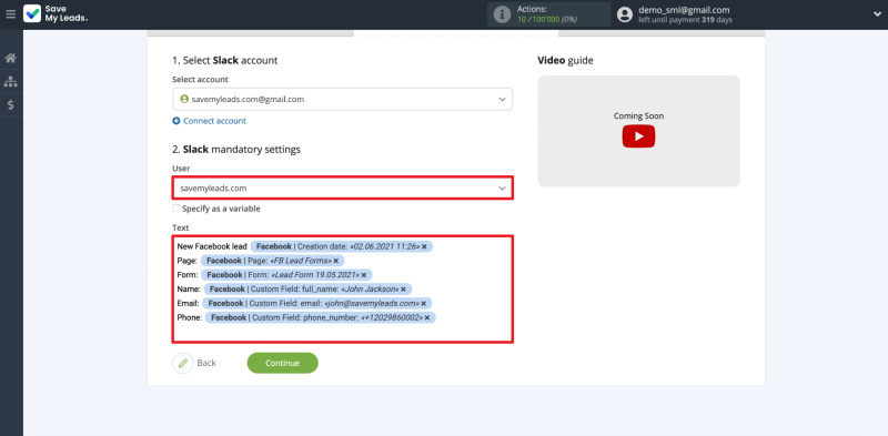 How to set up the upload of new leads from Facebook ad account to Slack private messages |&nbsp;Configuring data transfer
