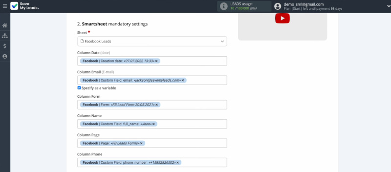 Facebook Lead Ads and Smartsheet integration | The set of preset values for Smartsheet fields