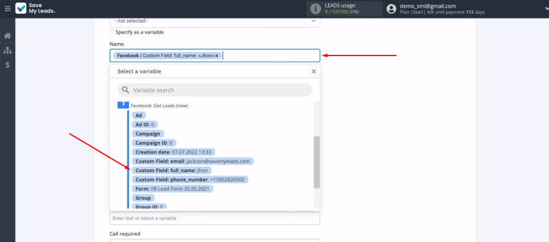 Facebook and Simla integration | Assign variables to Simla fields