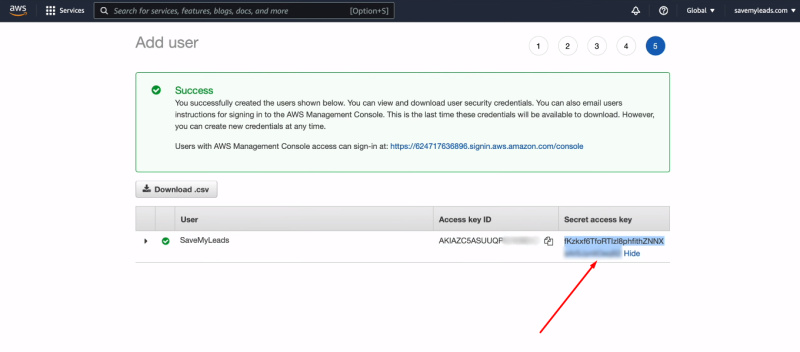 Facebook and Amazon SES integration | Copy the Secret access key