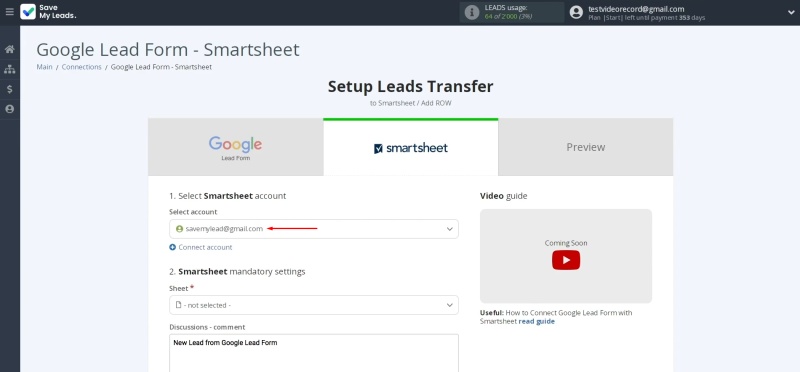 Smartsheet and Google Lead Form integration | Select the connected account from the list