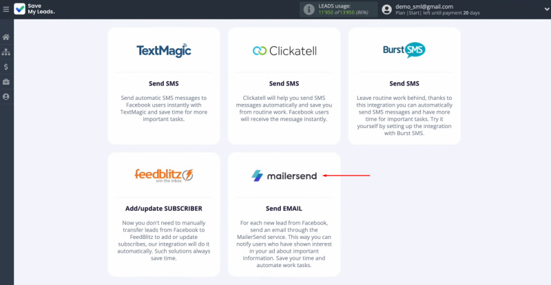 Facebook and MailerSend integration | Select the system, where you want to transfer new leads