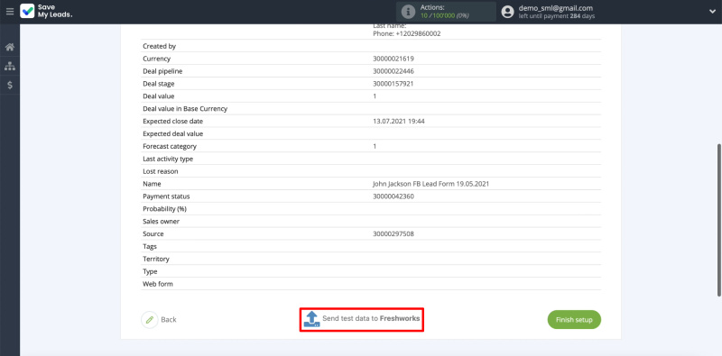 Facebook and Freshworks integration | Send test data to Freshworks