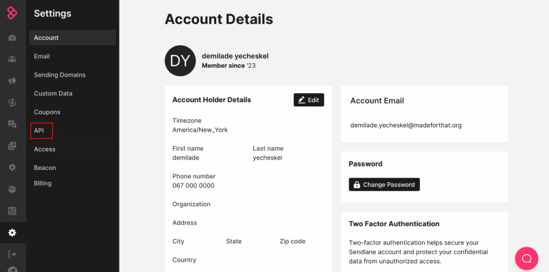 Sendlane and Facebook integration | Go to the API section