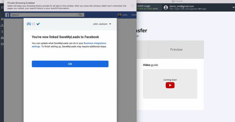 Facebook and Instantly integration | Click “OK”