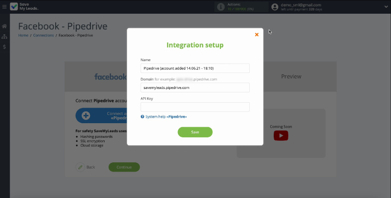 Facebook Leads Ads and Pipedrive CRM integration | Domain name input line