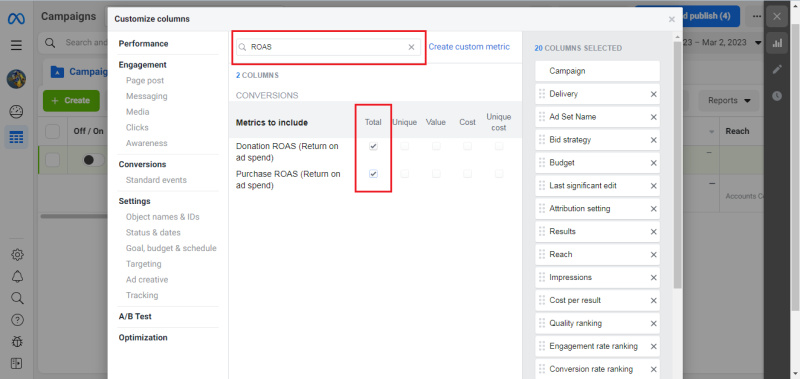 Track Ad Campaign Performance in Ads Manager | Add the indicators<br>