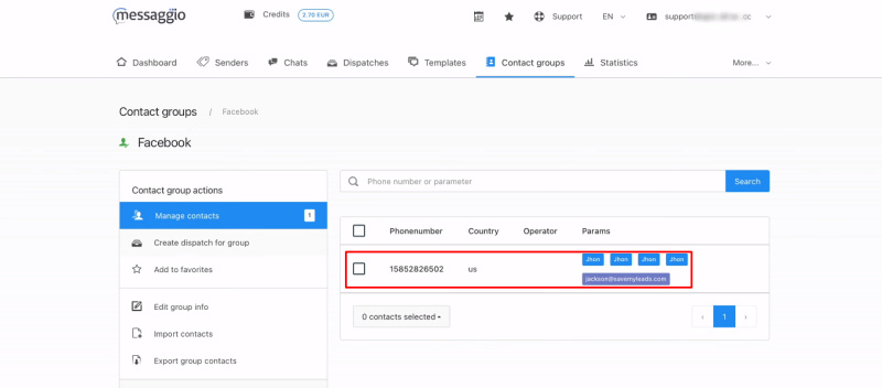 Facebook and Messaggio integration | Check for a new test contact in Messaggio