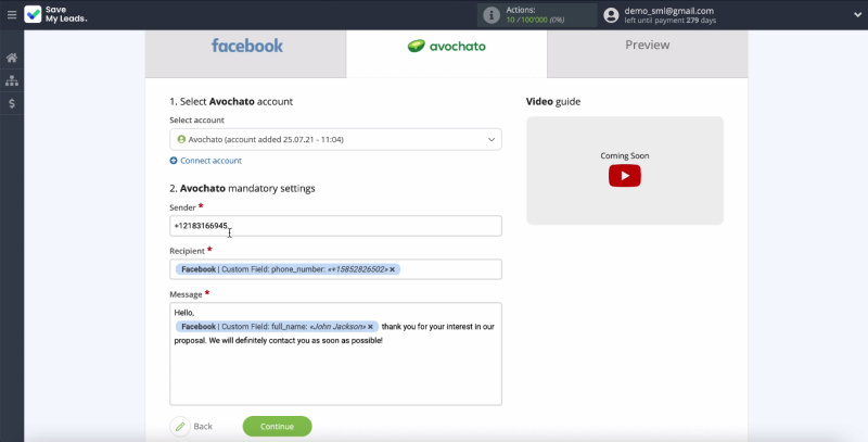 Integration Avochato and Facebook Leads Ads | Enter the user number, сompose a message to your users