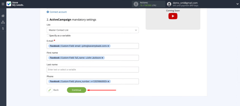 Facebook and ActiveCampaign integration | Click "Continue"&nbsp;