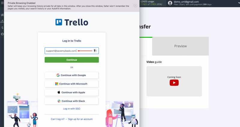 Google Lead Form and Trello integration | Specify the login of your Trello personal account