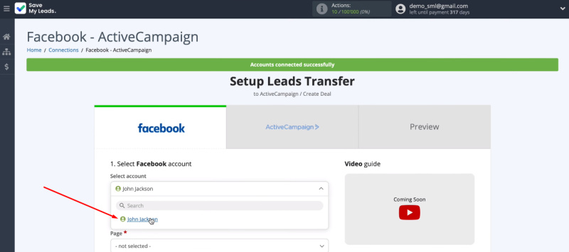 Facebook and ActiveCampaign integration | Select the desired account