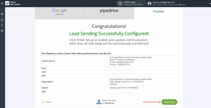 Google Leads and Pipedrive integration | Click "Finish setup" to enable connection auto-update