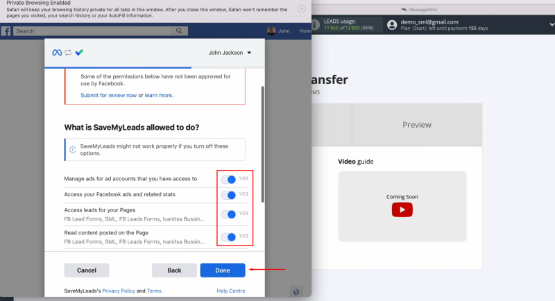 MessageWhiz and Facebook integration | Leave all checkboxes enabled