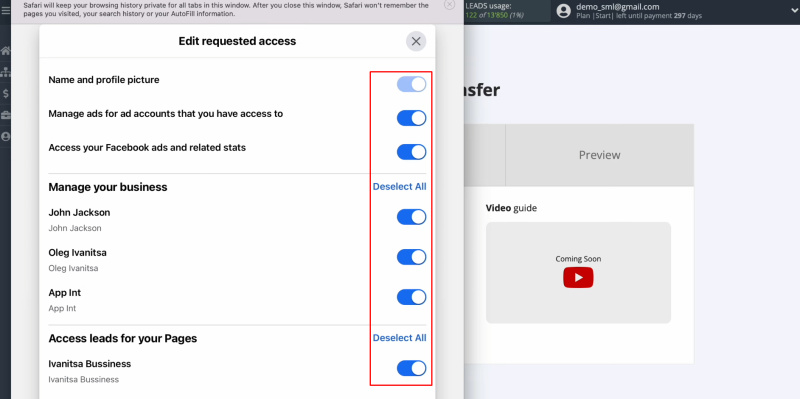 Facebook and Telegram integration | Leave all access checkboxes enabled