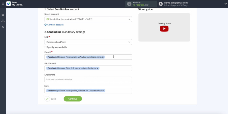 Facebook and Sendinblue integration | Set the Variables