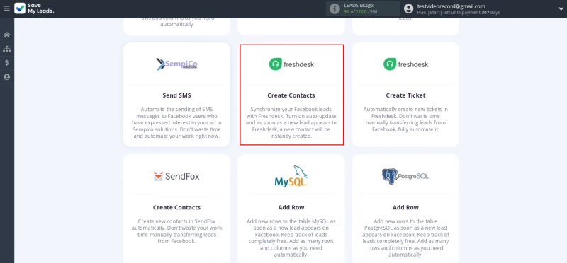 Facebook and Freshdesk integration | Select the Freshdesk (Create Contacts)