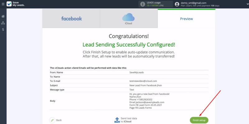Facebook and iCloud integration | Click "Finish setup"