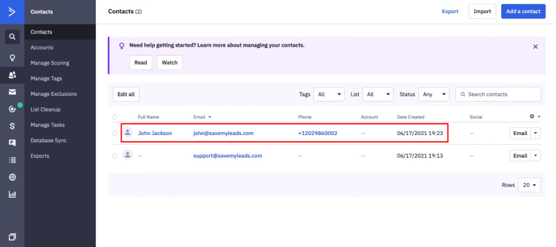 Facebook and ActiveCampaign integration | A new contact&nbsp;