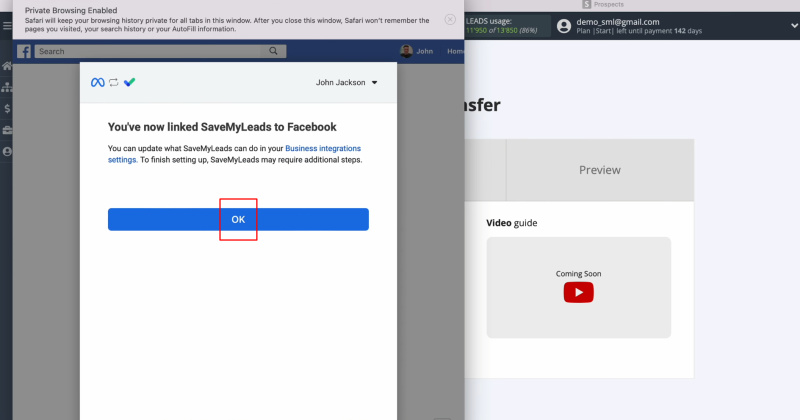 Snov.io and Facebook integration | Click “OK”