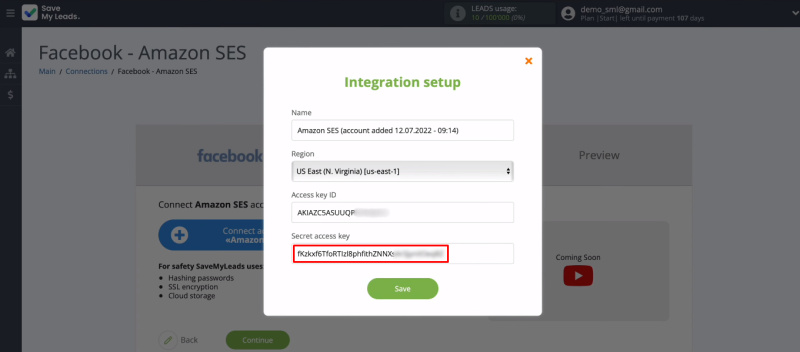 Facebook and Amazon SES integration | Paste the Secret access key