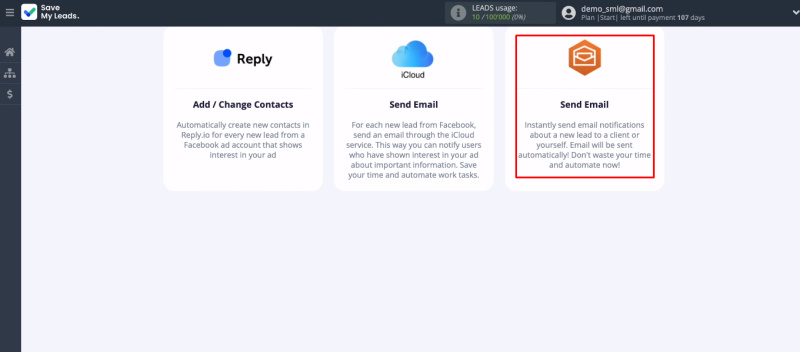 Facebook and Amazon WorkMail integration | Select the “Amazon WorkMail (Send Email)” template