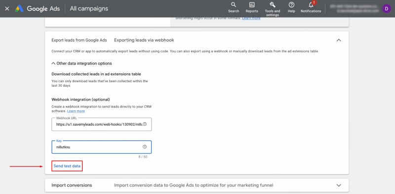 Google Ads Lead Form and Pipedrive integration | Click "Send test data"