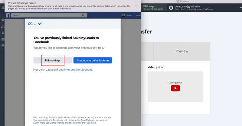 Snov.io and Facebook integration | Click to “Edit settings”