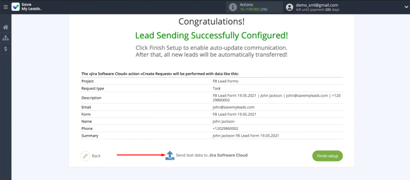 Facebook and Jira Software Cloud integration | Send test data to Jira Software