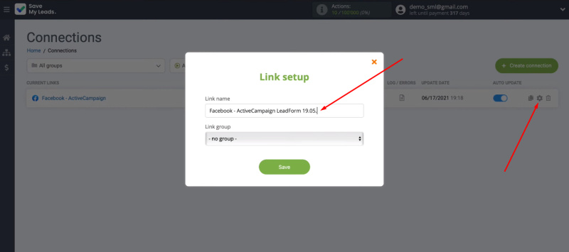 Facebook and ActiveCampaign integration | Press "gear" and change the name of the connection&nbsp;