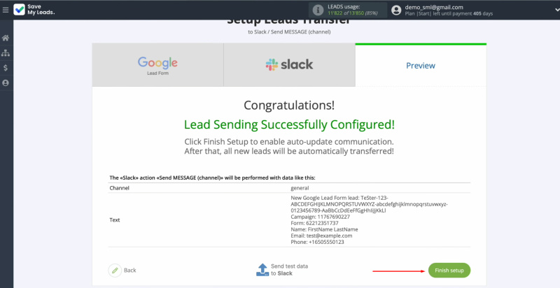 Google Lead Form and Slack integration | Click “Finish setup”