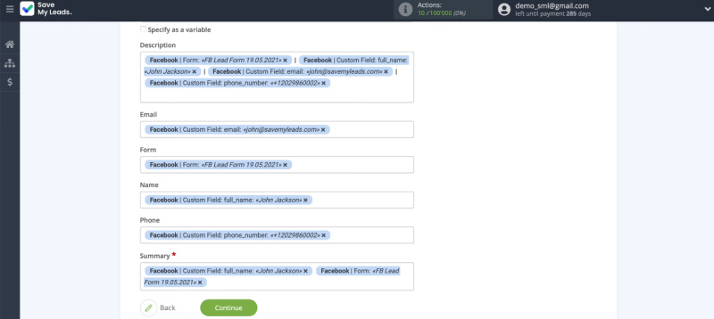 Facebook and Jira Software Cloud integration | The preset values