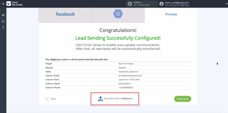 Facebook and Google BigQuery integration | Send test data