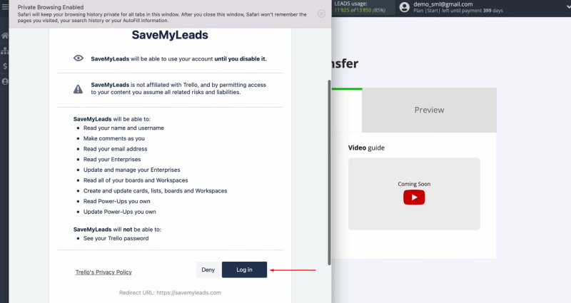 Google Lead Form and Trello integration | Click “Log in”