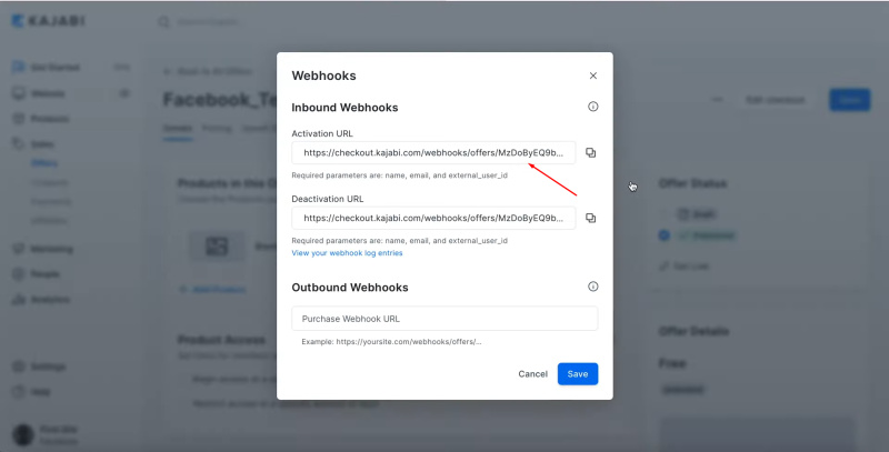 Facebook Leads Ads and Kajabi integration | Copy the link activation URL
